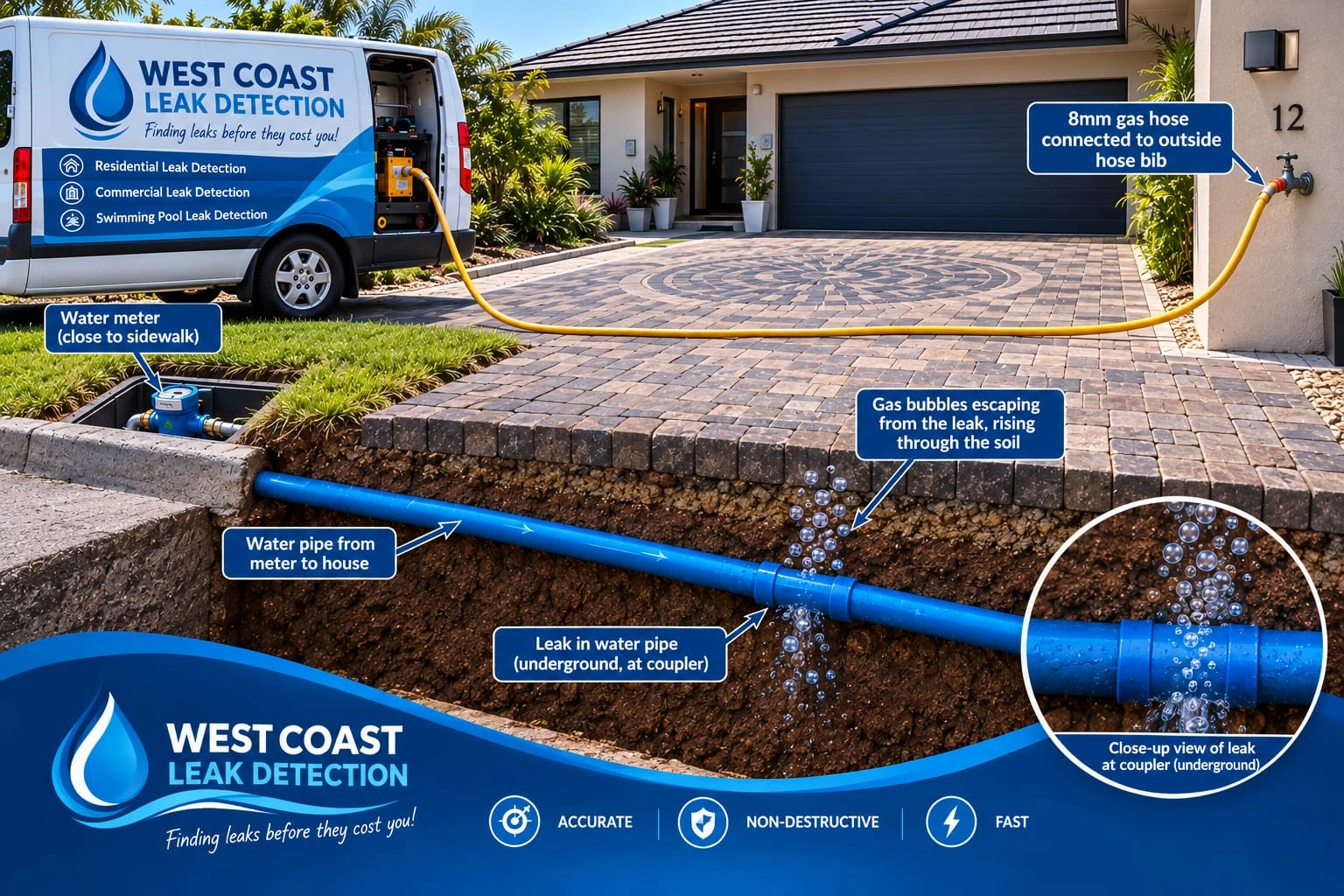 Illustrative driveway cutaway showing tracer gas escaping from a concealed pipe leak, with labelled hose and water meter