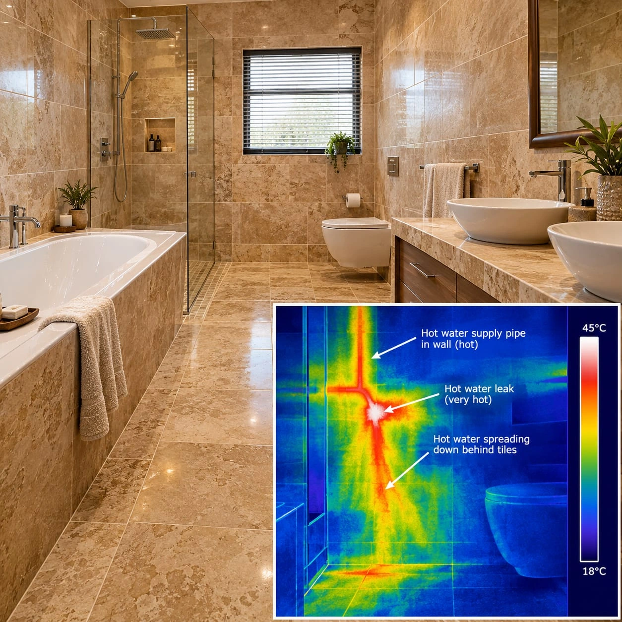 Illustrative bathroom composite with a labelled thermal inset showing a hot water pipe and moisture behind tiles