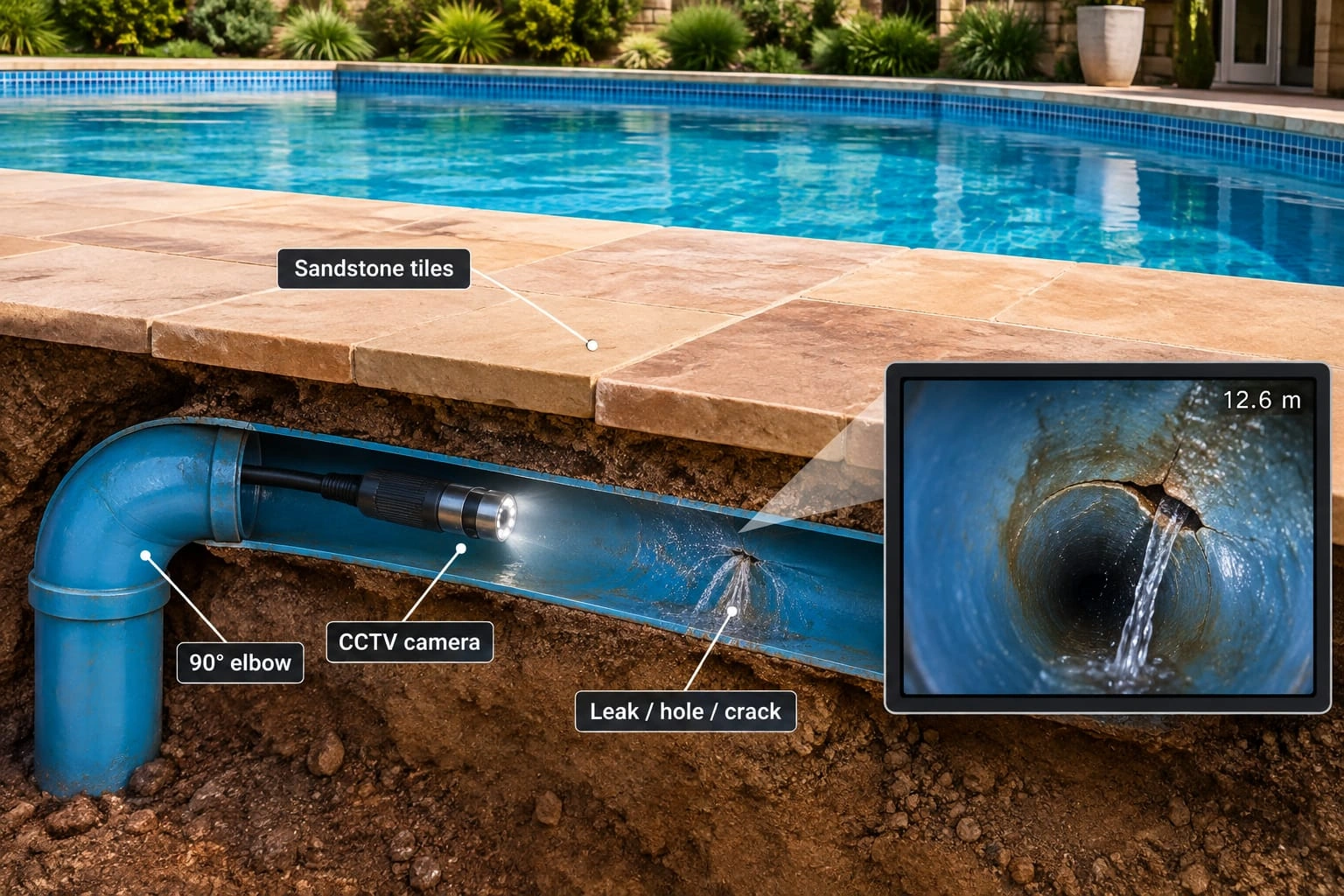 Illustrative pool pipe cutaway with labelled CCTV camera, elbow and pipe crack