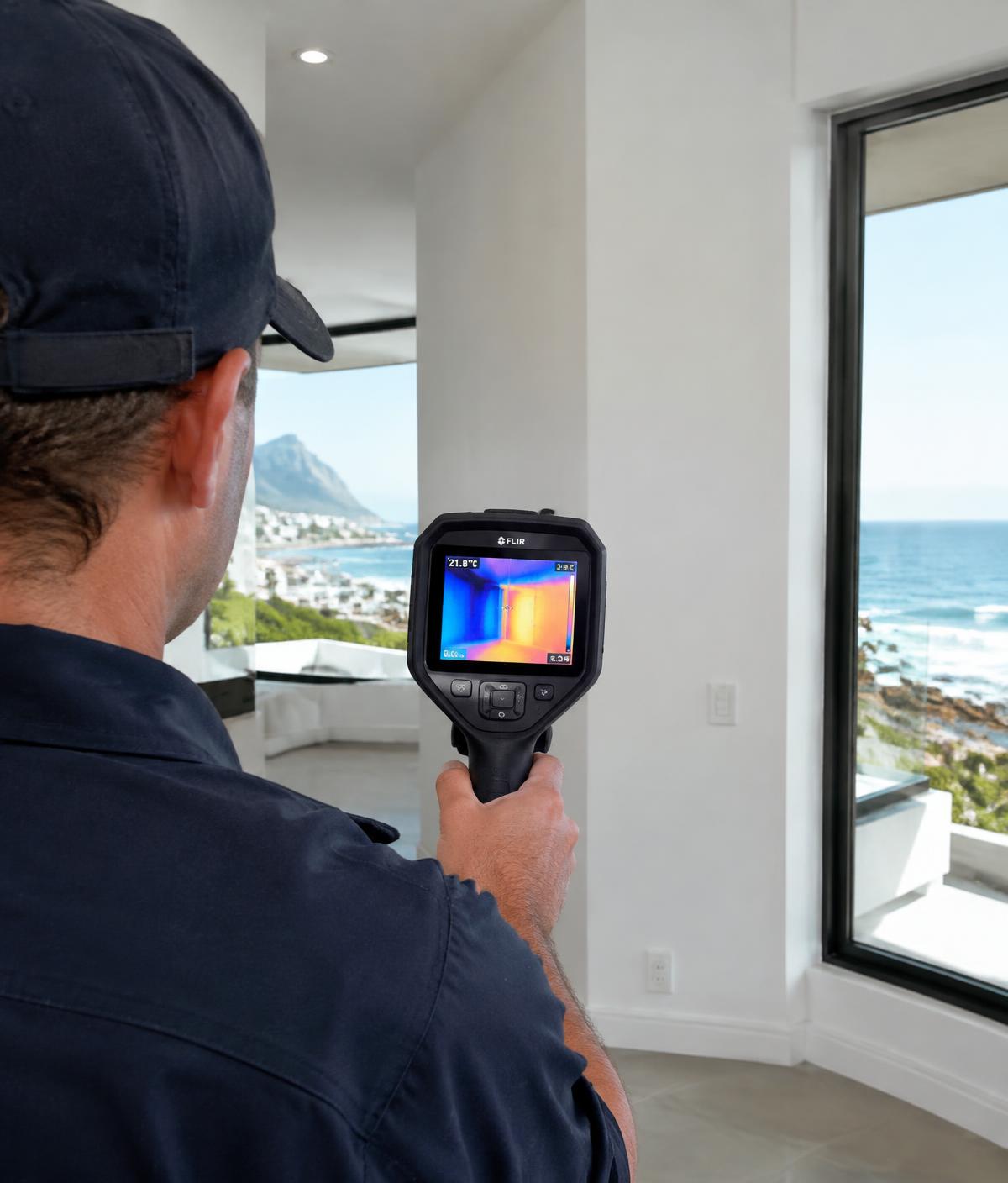 Leak detection technician using a thermal imaging camera inside a coastal home